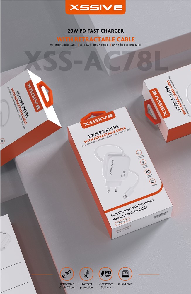 Xssive 20W PD GAN Fast Charger with Retractable 8-Pin Cable XSS-AC78L-3