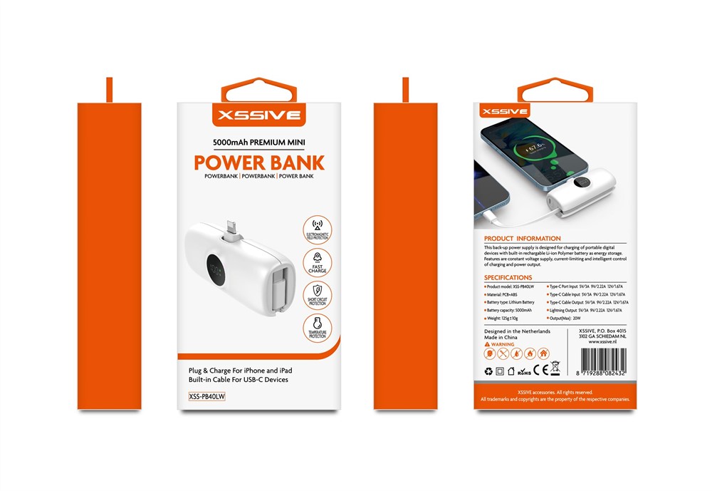 Xssive Premium Mini Powerbank For iPhone With USB-C Cable 5000mAh XSS-PB40LW-2