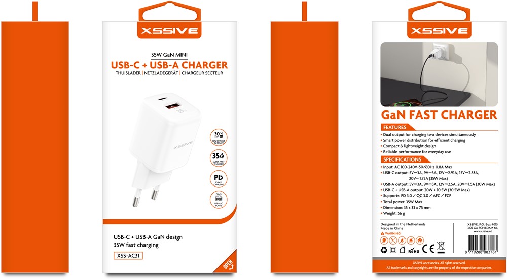 Xssive 35W Mini USB-C+USB-A GaN Fast Charger XSS-AC31-3