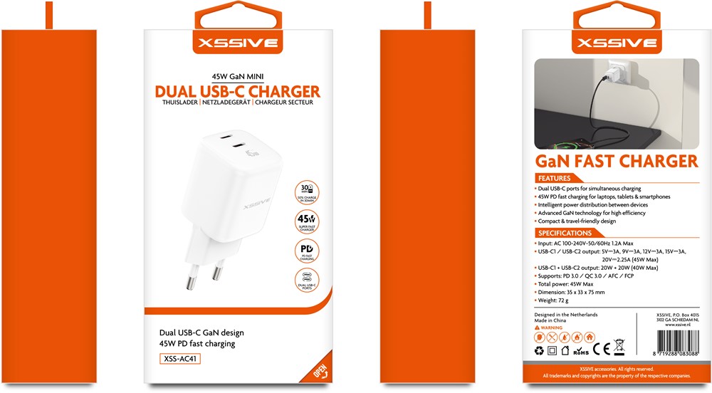Xssive 45W Mini Dual USB-C GaN Fast Charger XSS-AC41-3