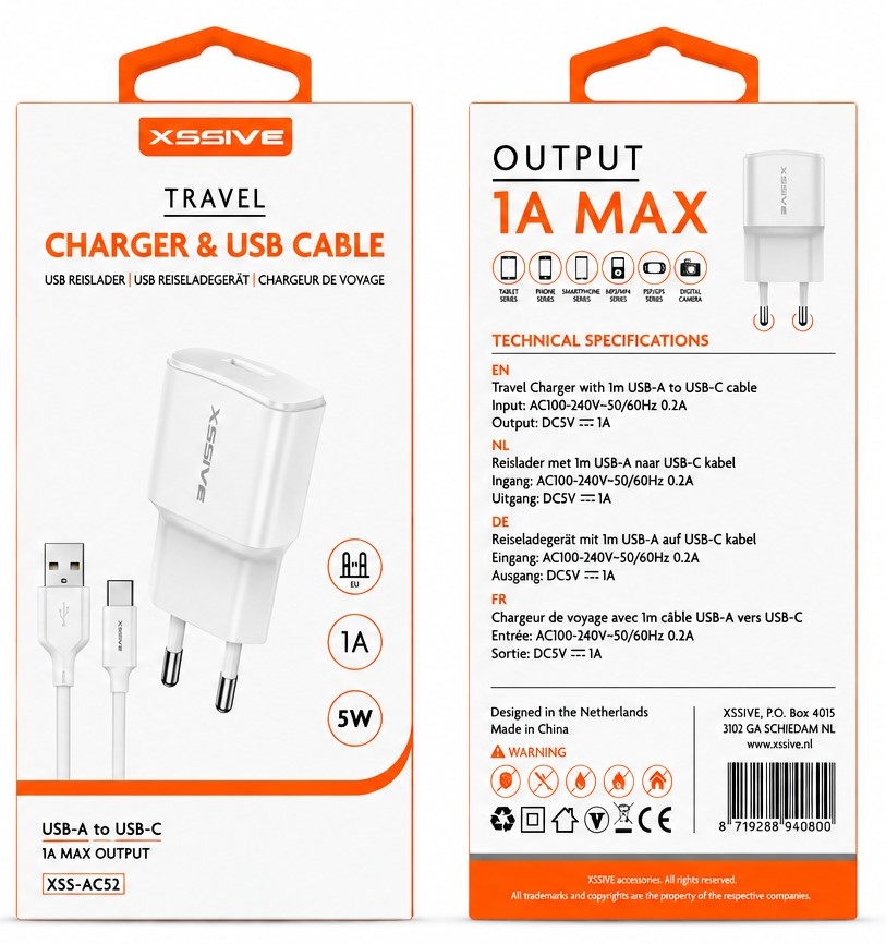 Xssive Travel Charger 1A met USB-C Cable XSS-AC52C - White-2