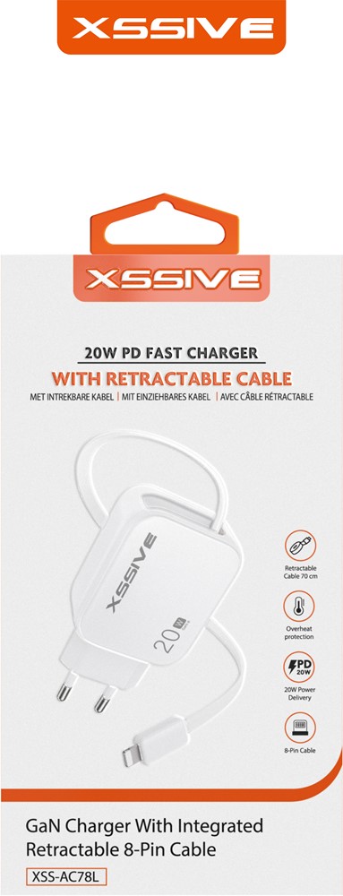 Xssive 20W PD GAN Fast Charger with Retractable 8-Pin Cable XSS-AC78L-2