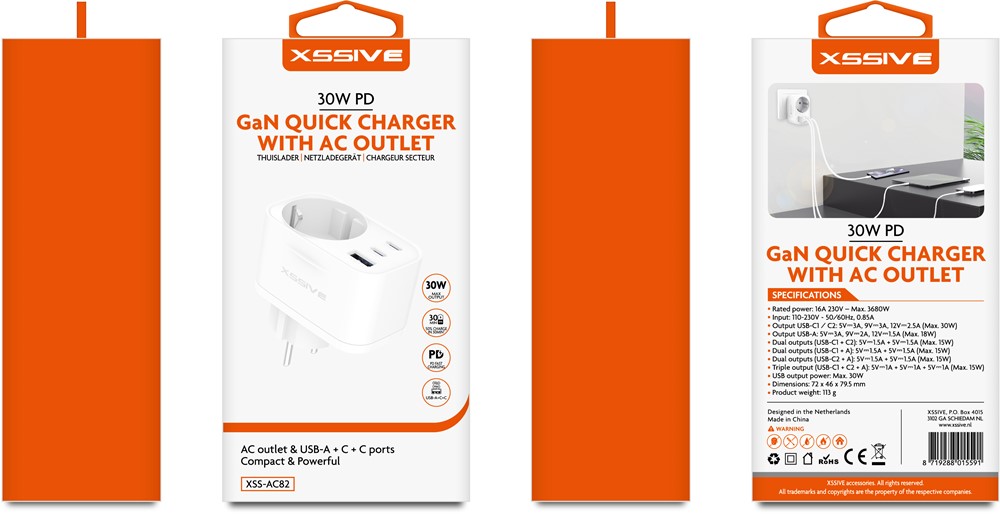 Xssive 30W PD Quick Charger with AC Outlet XSS-AC82-2