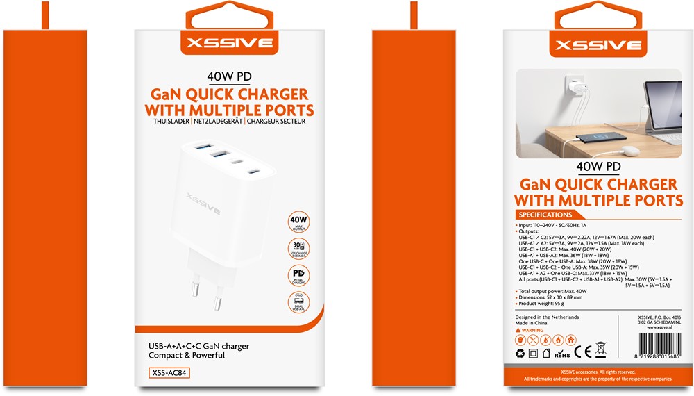 Xssive 40W GaN Quick Charger with Multiple Ports XSS-AC84-2