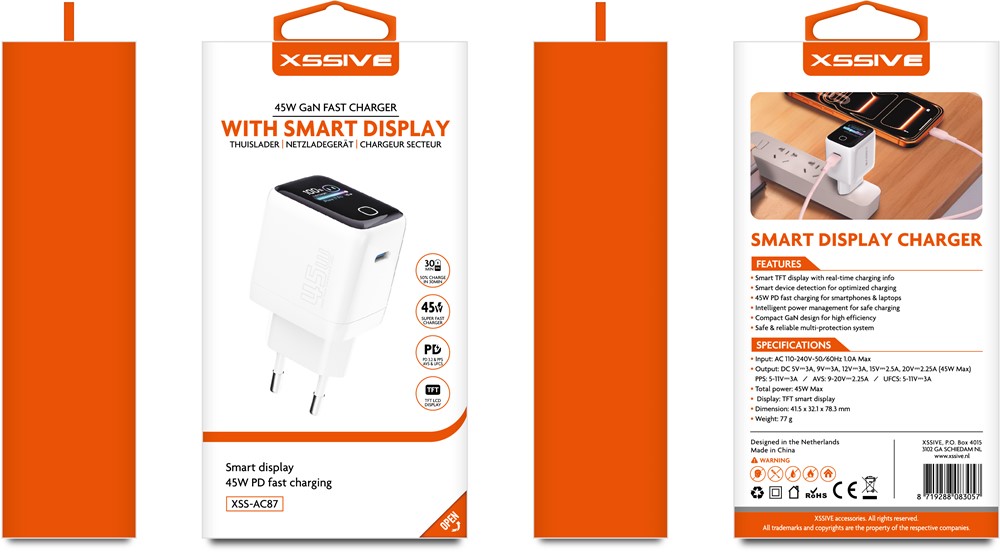 Xssive 45W PD GaN Fast Charger with Smart Display XSS-AC87 - Wit-2