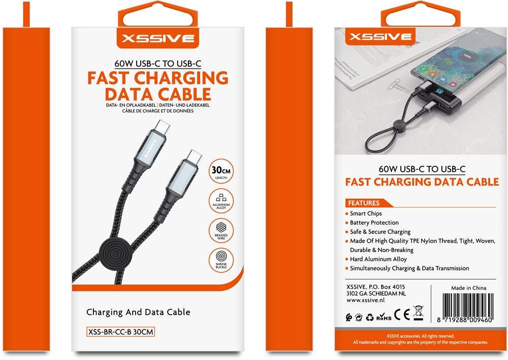 Xssive Braided Cable 60W USB-C to USB-C XSS-BR-CC-B-30CM - Black-3