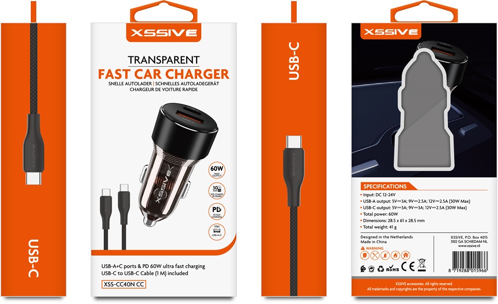 Xssive 60W PD Fast Car Charger with C-C Cable XSS-CC40N CC-2
