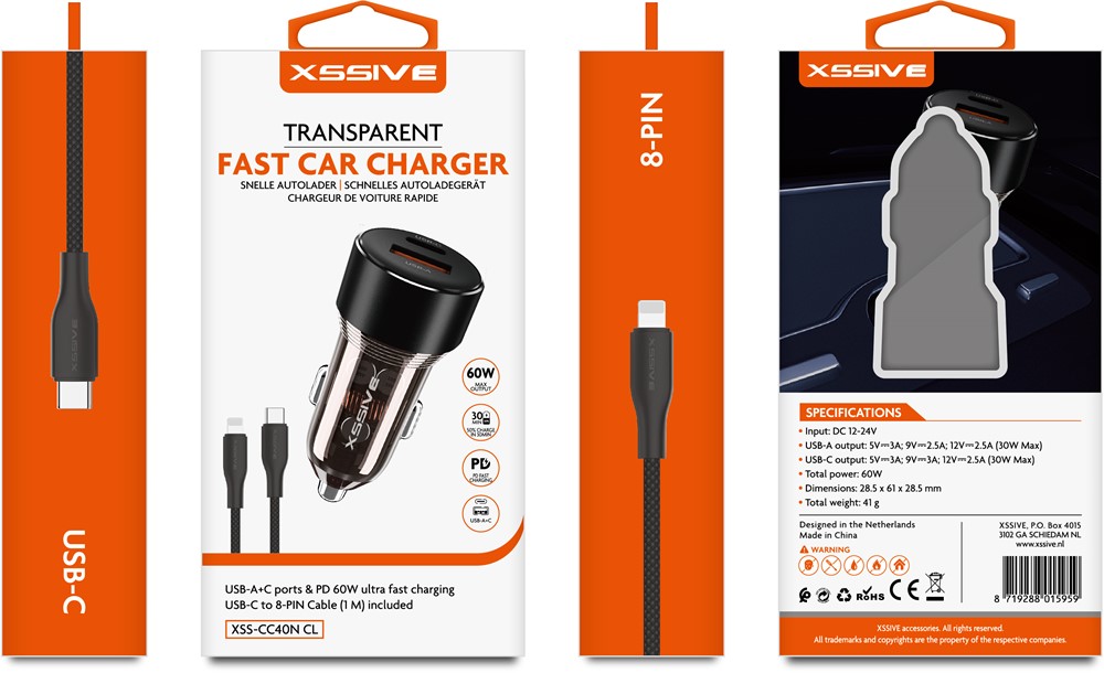 Xssive 60W Fast Car Charger with Type-C to 8 Pin Cable XSS-CC40N CL-2