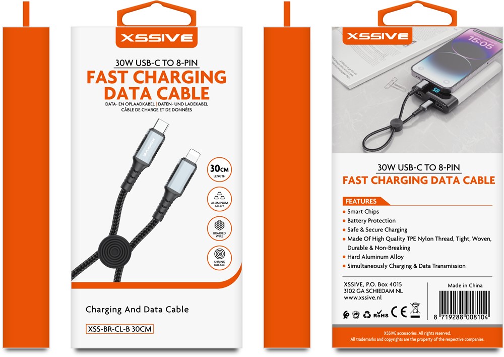 Xssive Braided Cable 30W USB-C to 8-Pin XSS-BR-CL-B-30CM - Zwart-3