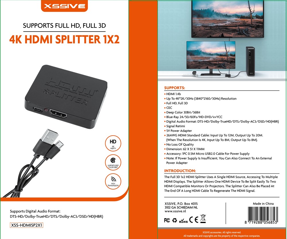 Xssive 4K HDMI Splitter 1x2 XSS-HDMISP1X2-2