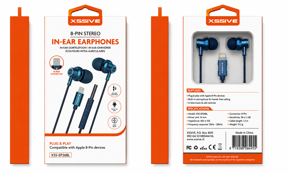 Xssive 8-Pin In-Ear Stereo Earphones for iPhone XSS-EP26BL - Blauw-3