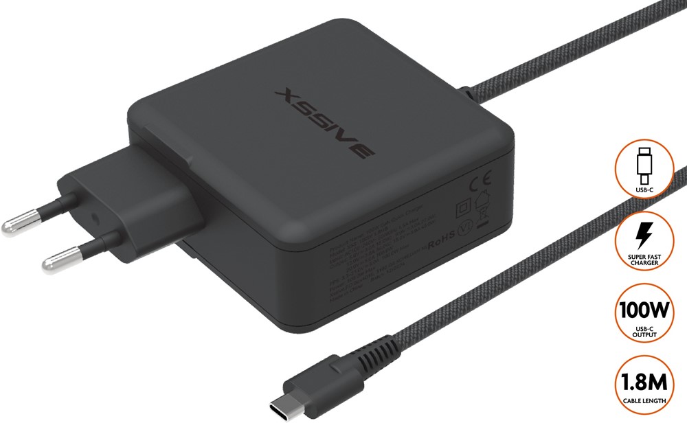 Xssive 100W GAN Super Fast Home Charger USB-C XSS-100W 1.8MB - Black