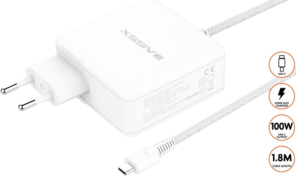 Xssive 100W GAN Super Fast Home Charger USB-C XSS-100W 1.8MW - White