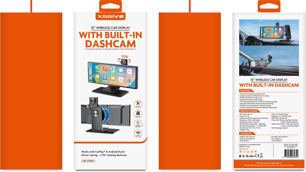 Xssive 10" Wireless Car Display with Built-in Dash Cam XSS-CPD02-2