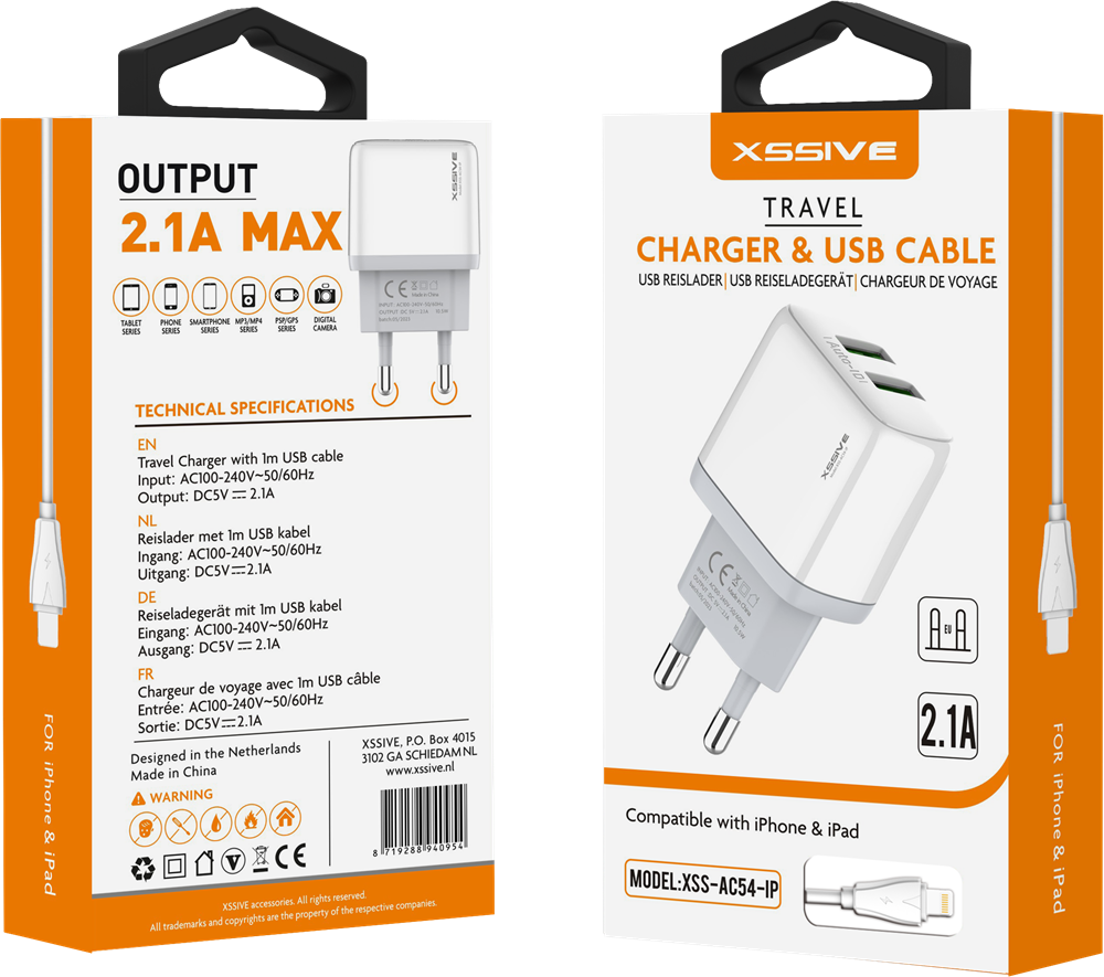 Xssive Duo USB Charger+Cable for iPhone 2.1A XSS-AC54-IP - Wit-2