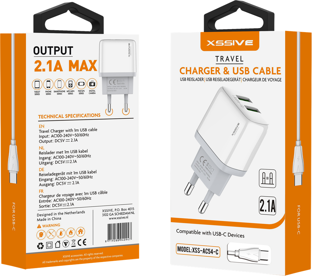 Xssive Duo USB Charger+Cable USB-C 2.1A XSS-AC54-C - White-2