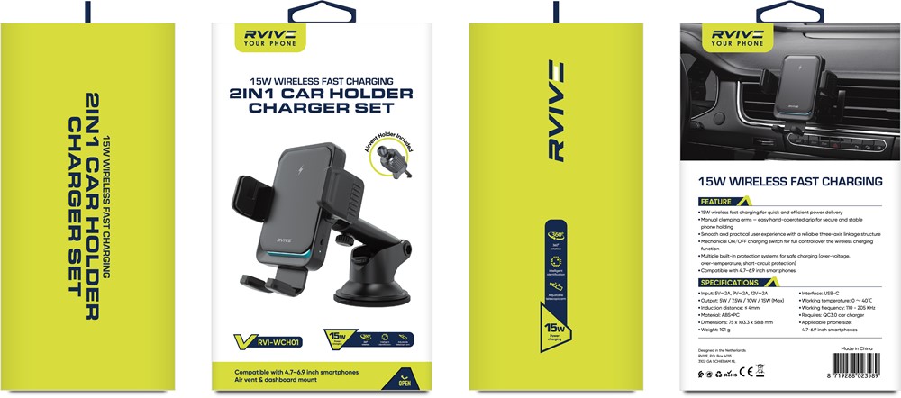 Rvive 15W Wireless Fast Charging Auto Clamping - Auto Align- Car Holder Set RVI-WCH02-2