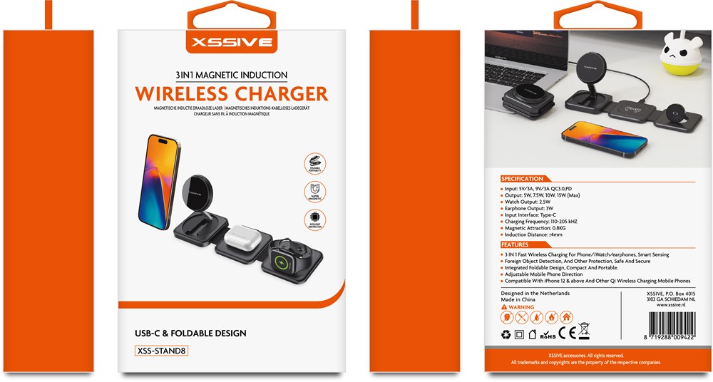 Xssive Foldable Wireless Charger 3in1 Magnetic Induction for USB-C XSS-STAND8-3