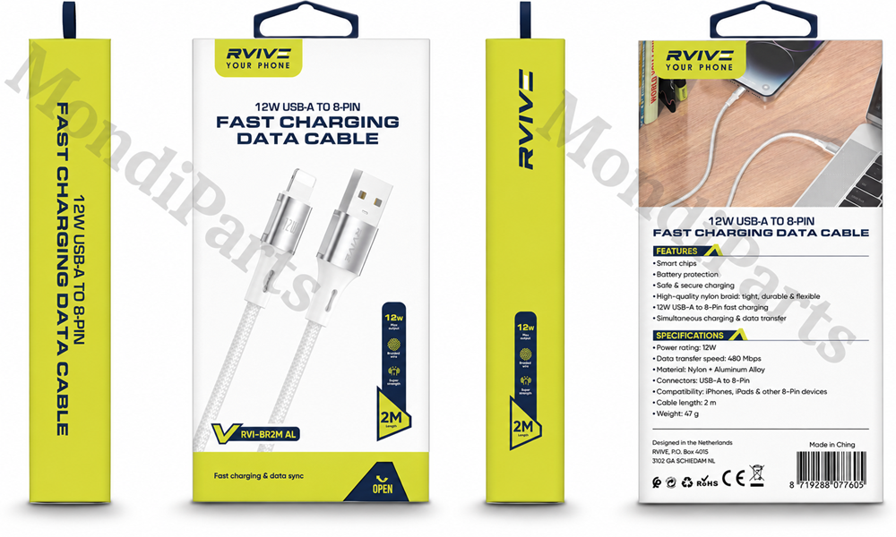 Rvive 12W USB-A to 8-Pin Fast Charging Cable - 2m RVI-BR2M AL-2