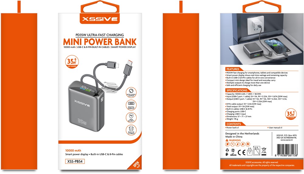 Xssive Mini Powerbank Ultra Fast Charge PD35W met Kabel 10000mAh XSS-PB54-2