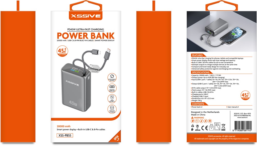 Xssive Powerbank Ultra Fast Charge PD45W with Cable 20000mAh XSS-PB55-2